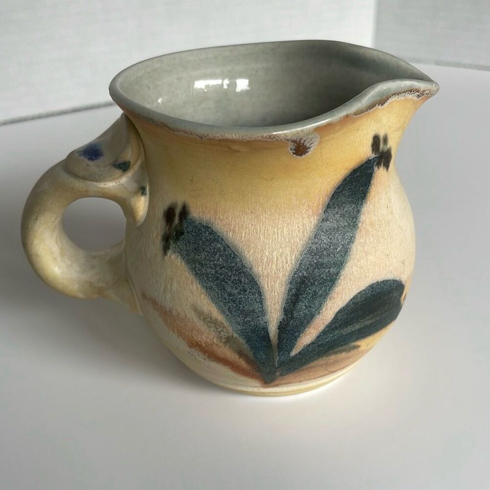 Vintage Mhyren Pottery Pitcher Blue Iris Flower Design Salt Glaze Signed‎